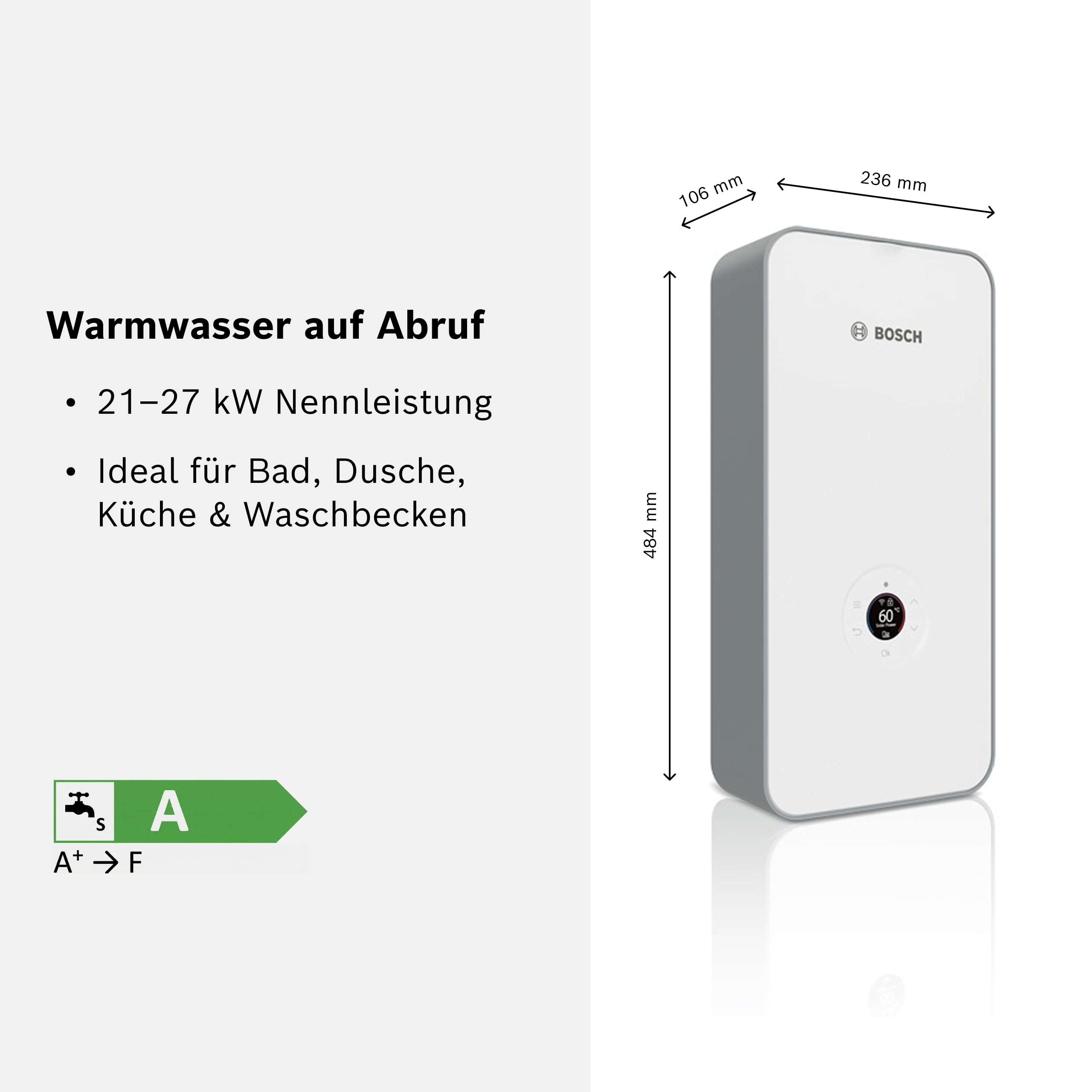 Bosch elektronisch geregelter Durchlauferhitzer Tronic Excellence 21/24 / 27 kW - ab Werk internetfähig, solarfähig, druckfest, multifunktionales LED-Farbdisplay [Energieklasse A]