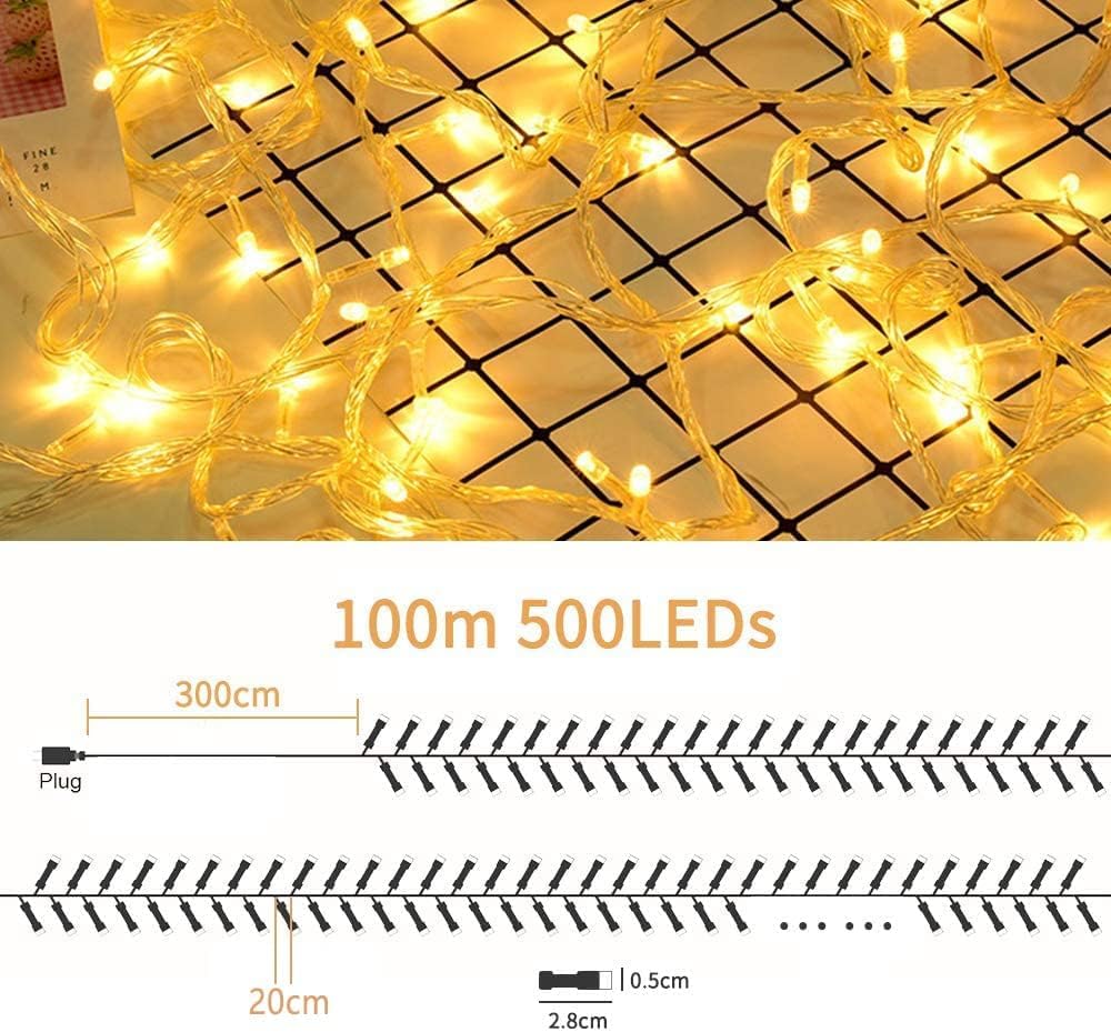 Avoalre Luci Natale 500LED 100M, Catena Luminosa 8 Modalità Impermeabile IP44 LED Luci LED Decorative per Interno/Esterno Albero di Natale Festa Nozze Compleanno Natale, Bianco Caldo