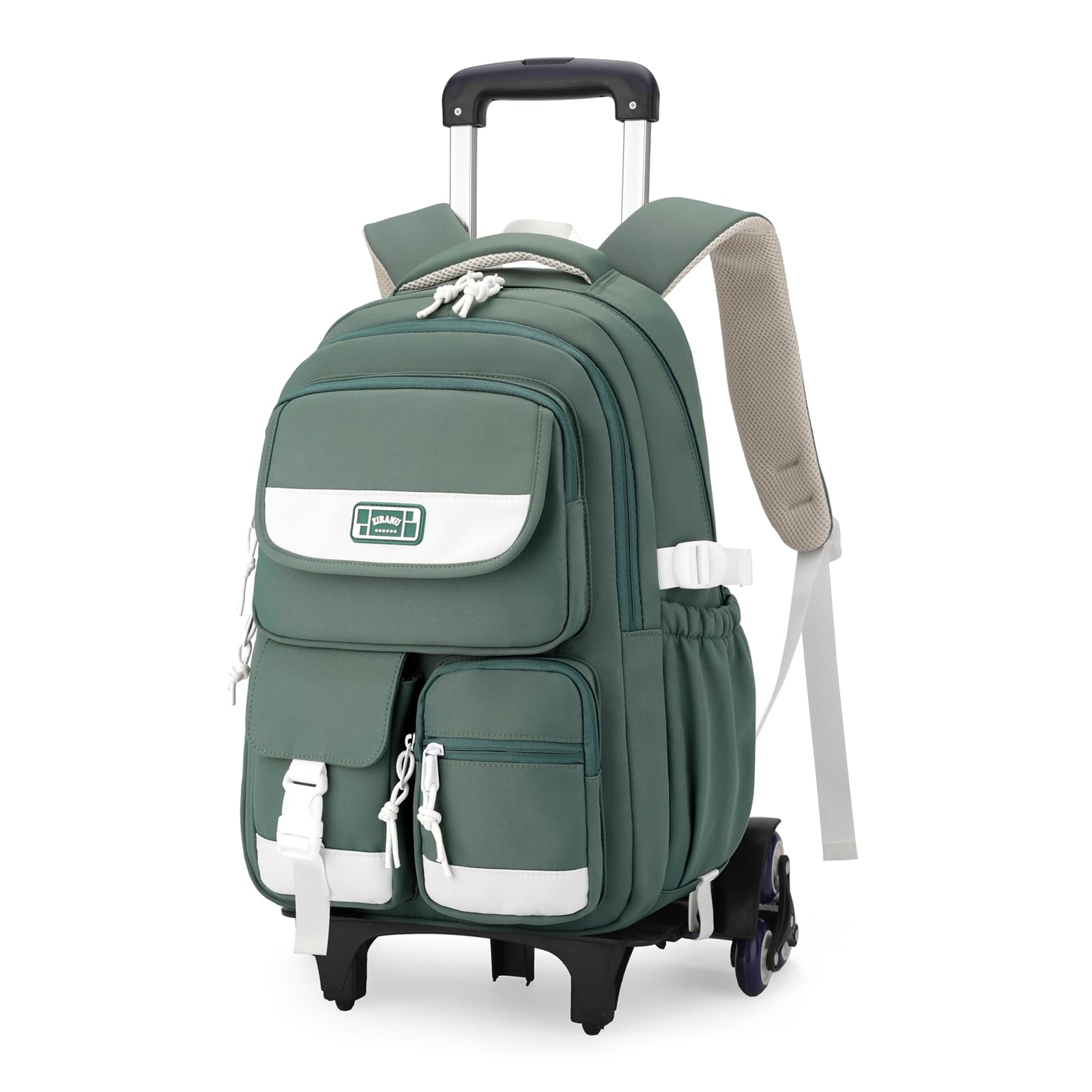 LANSHIYASolid Color Rolling Backpack for Girls Boys Cute Elementary school bag with wheels,Green Trolley Bags for Travel