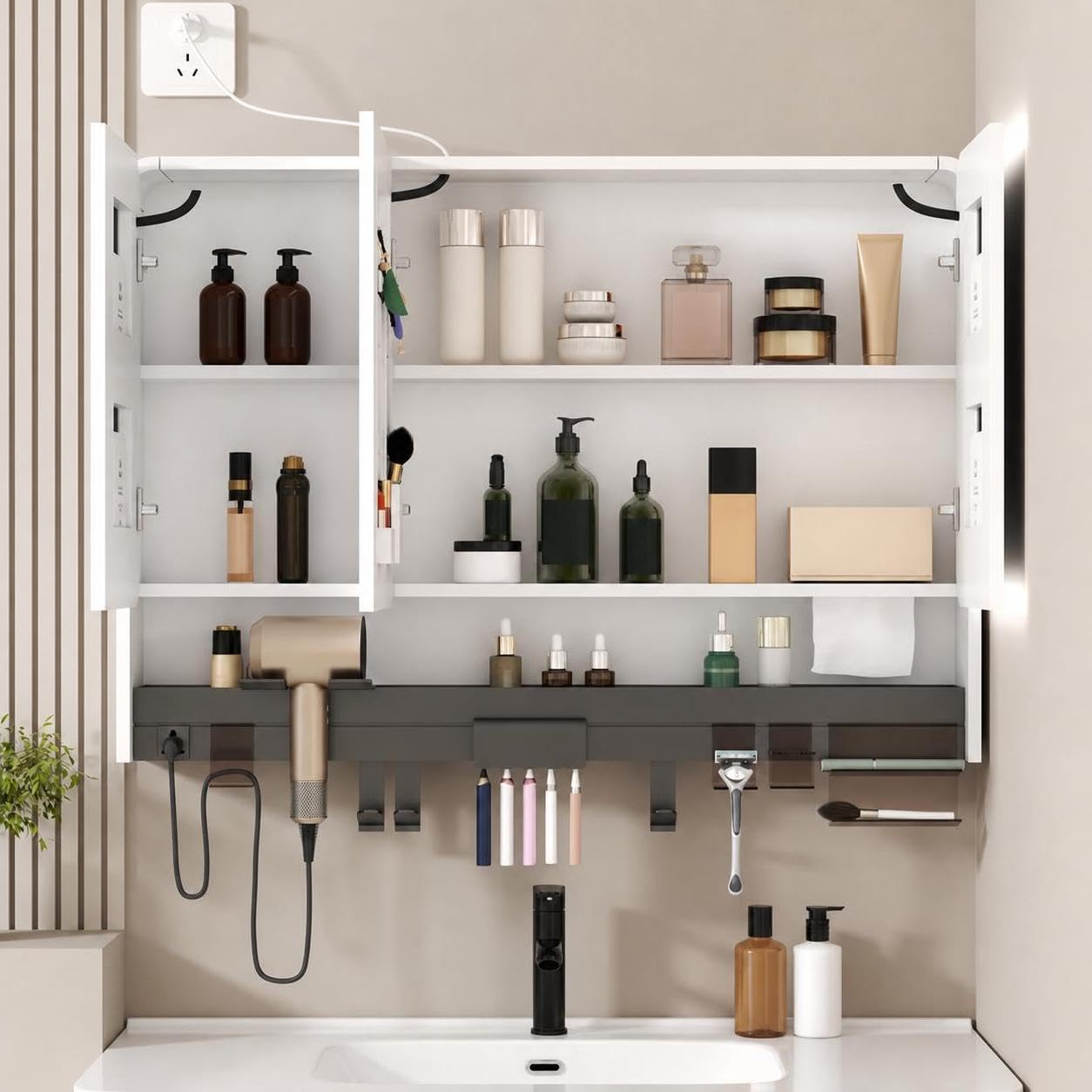 Armario con Espejo Inteligente para baño con Enchufe Integrado para secador de Pelo, Estante de Almacenamiento, Forma Redondeada, multifunción para Maquillaje