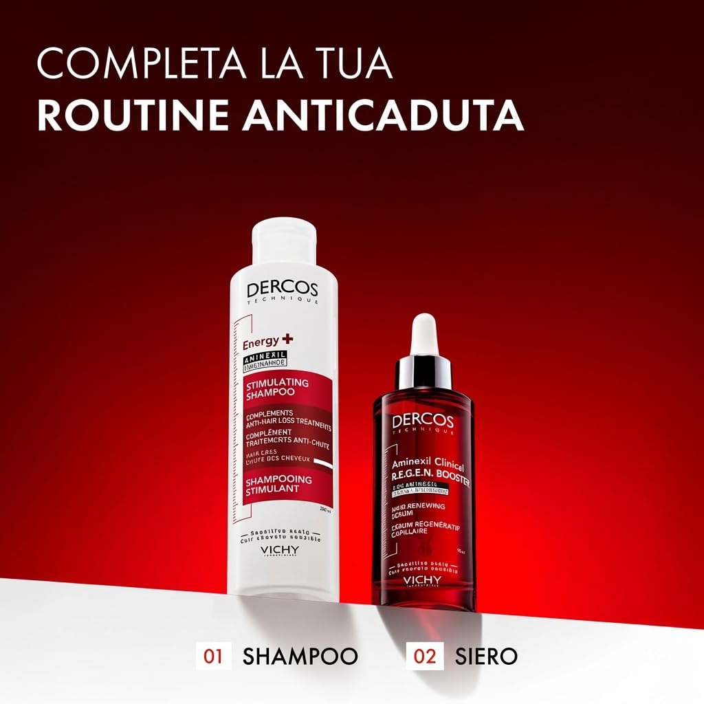 VICHY Dercos Routine Anti-Chute Cheveux, Shampooing Stimulant Energy+ 200ml & Sérum Aminexil Clinical R.E.G.E.N. Booster 90ml, +14 000 Cheveux, Lot de 2 Produits