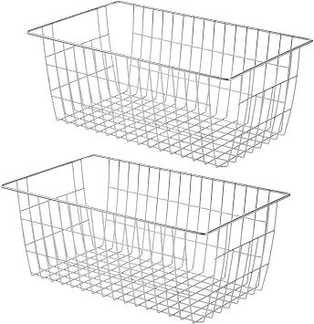 Freezer Wire Storage Baskets,Farmhouse Organizer Storage Bins Large Organizer Bins for Laundry Room, Closets, Garage, Office, Bathroom, Pantry Organization Storage Bins -Set of 2 Chrome