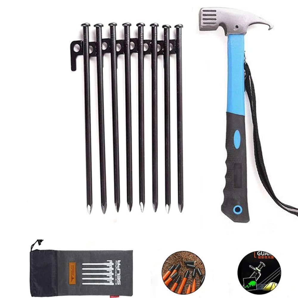 Piquetas y martillo de acero resistente para tienda de campaña al aire libre, camping, senderismo, incluye 8 1 fundas protectoras resistentes, círculos fluorescentes, bolsa de almacenamiento compacta