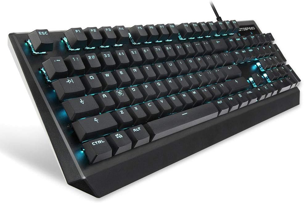 Angled view of Motospeed CK95 keyboard with blue LED