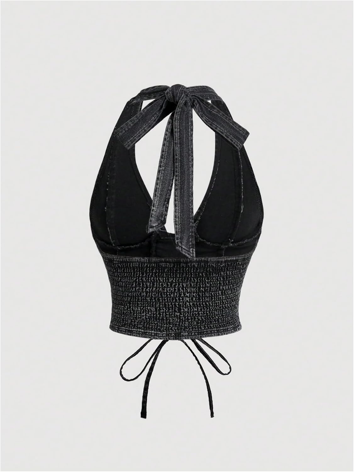 WDIRARA Women's Lace Up Front Denim Halter Tops Deep V Neck Tie Back Smocked Sleeveless Crop Top - Image 2