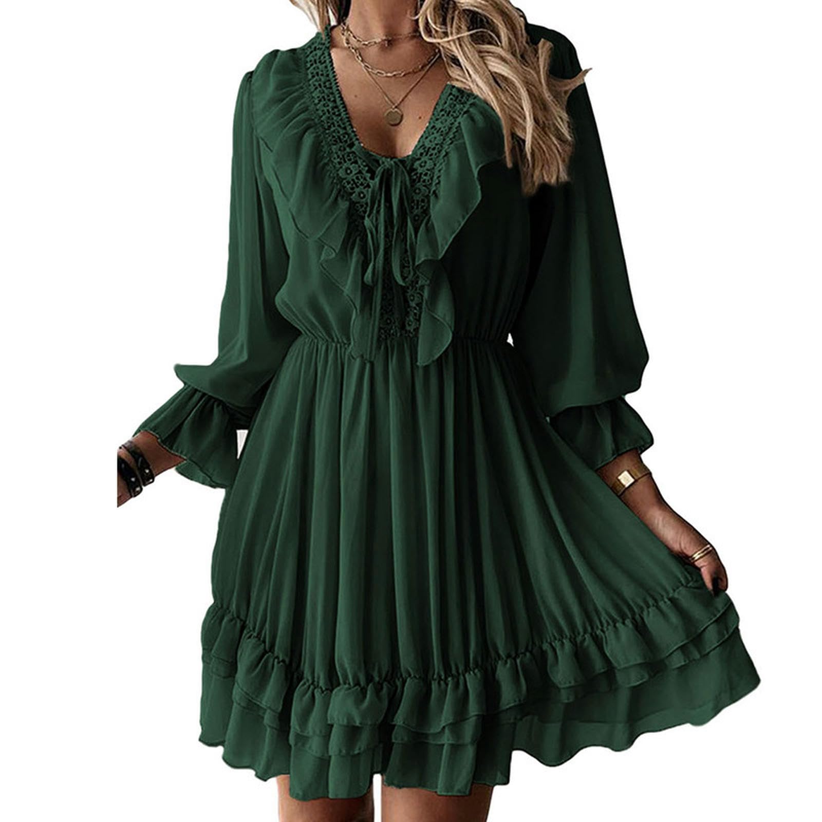 Robe pull de banlieue chic en dentelle verte et col V fluide