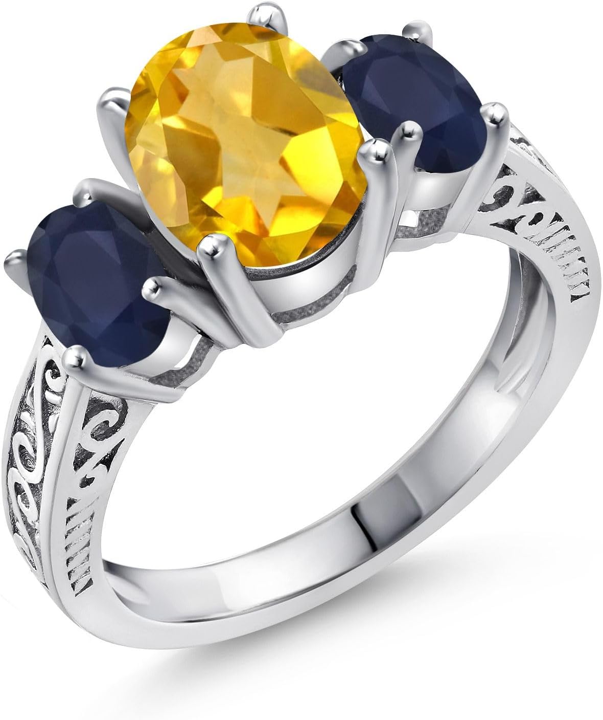 Gem Stone King 2.25 Cttw Yellow Citrine and Blue Sapphire 3-Stone Engagement Ring For Women | 925 Silver | Gemstone Birthstone | 3 Stone Wedding Anniversary Promise Ring For Women