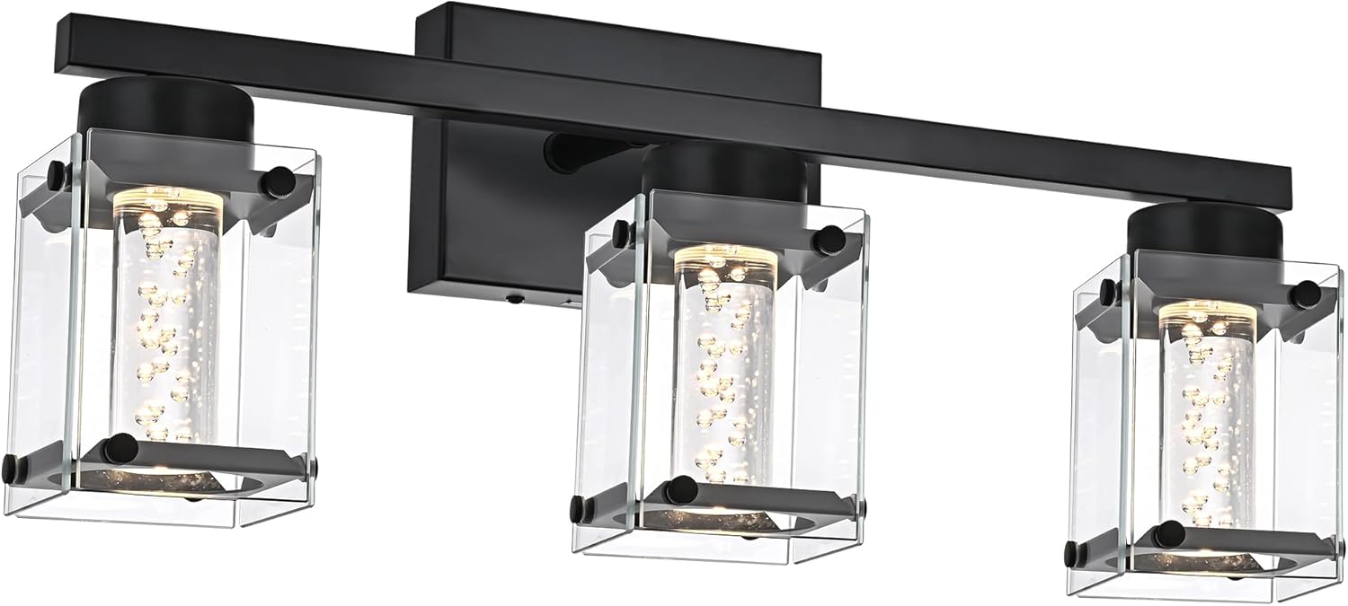 VINLUZ LED 2 Light Black Finish Bathroom Light fixtures Modern Wall Sconces with Bubble Crystal Glass Indoor Vanity Lighting Fixture Over Mirror White/Neutral/Warm Light