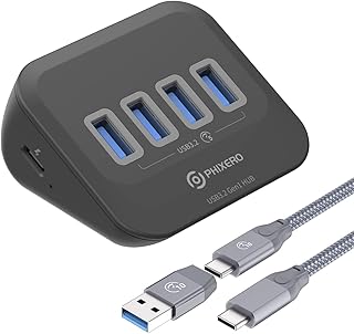 PHIXERO 4 Ports USB 3.0 Hub, 5Gbps USB Port Hub with a 2-in-1 USB C to USB A/C Cable (10Gbps), Portable USB Splitter, USB Hub for Laptop, PC, iMac, MacBook, Playstation, Xbox