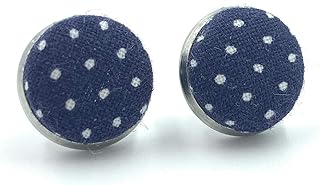 Handmade in Canada - Navy Blue Polka Dot Studs - Women's Stainless Steel Stud Earrings - Hypoallergenic Button Cover Studs - Blue and White Polka Dot Stud Earrings - Ready to Ship - Rockabilly Style - Modern Contemporary Studs