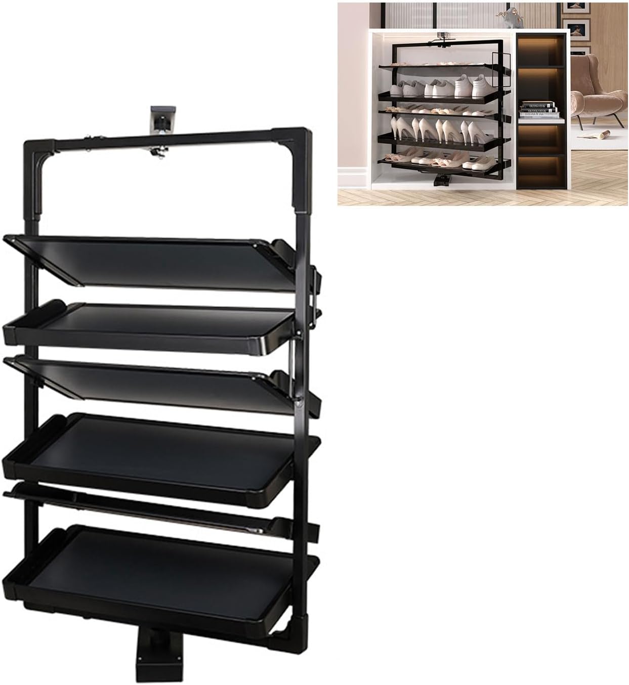 360°Rotating Shoe Rack Organizer,4-12 Tier Vertical Shelf for Closet Storage, Space Saving Shoe Organizer for Closet Shoe Cabinet, Metal Frame with ABS Dividers (Holds 30 Pairs) Black 6-Layer
