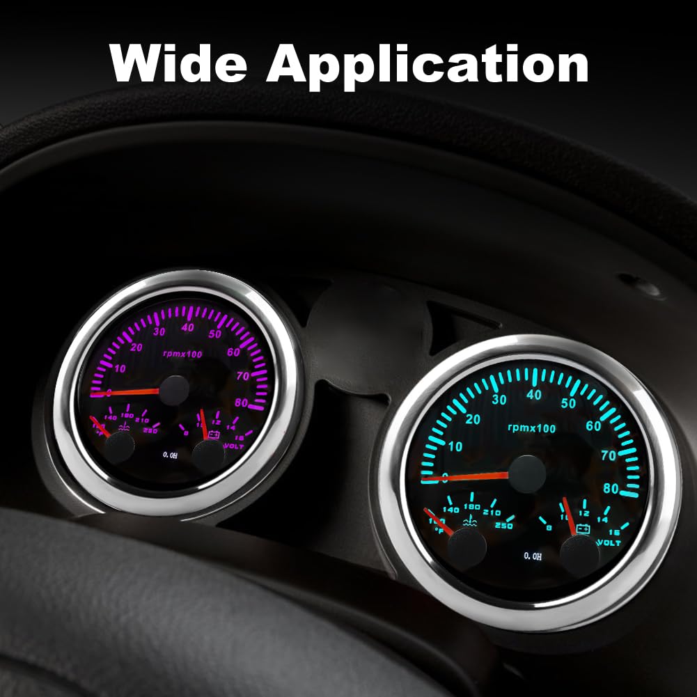 WATERWICH 3/8" 85mm 3in1 Tachometer RPM Voltmeter Water Temp Gauge 7 Color for Car Marine Truck Boat Vehicle SUV