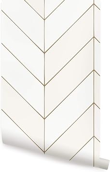 Simple Shapes Gold Lines Chevron Vinyl Wallpaper Peel and Stick Single Sheet - 2ft x 9ft, Off White