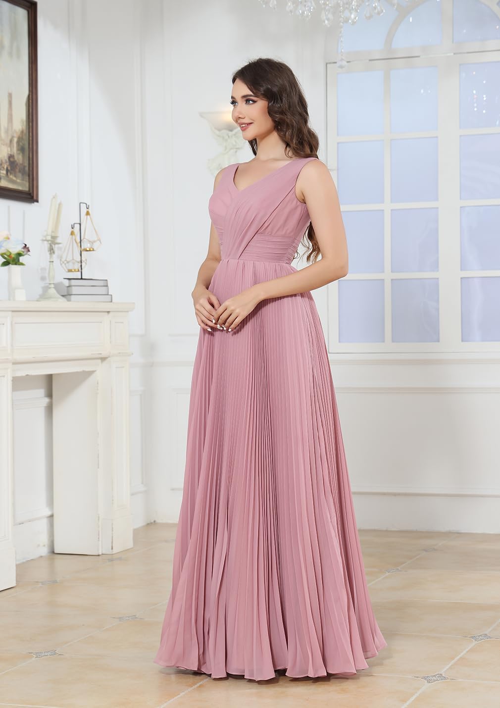 Women's Chiffon V Neck Bridesmaid Dresses Long Pleated A Line Formal Evening Gown with Pockets