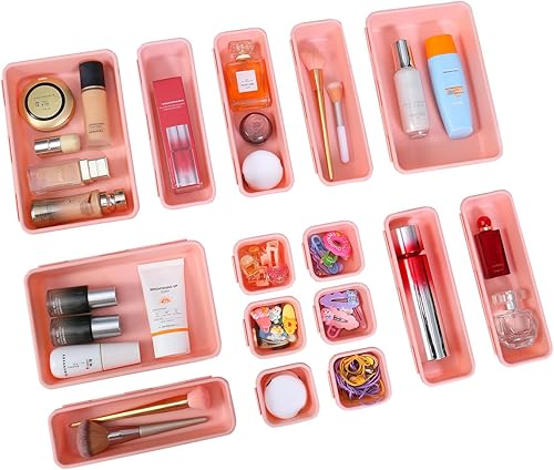 Miniatura 12 de Juego de organizador de cajones de 15 piezas, 3 tamaños entrelazados de plástico para suministros de oficina, tocador de maquillaje de joyas, baño,