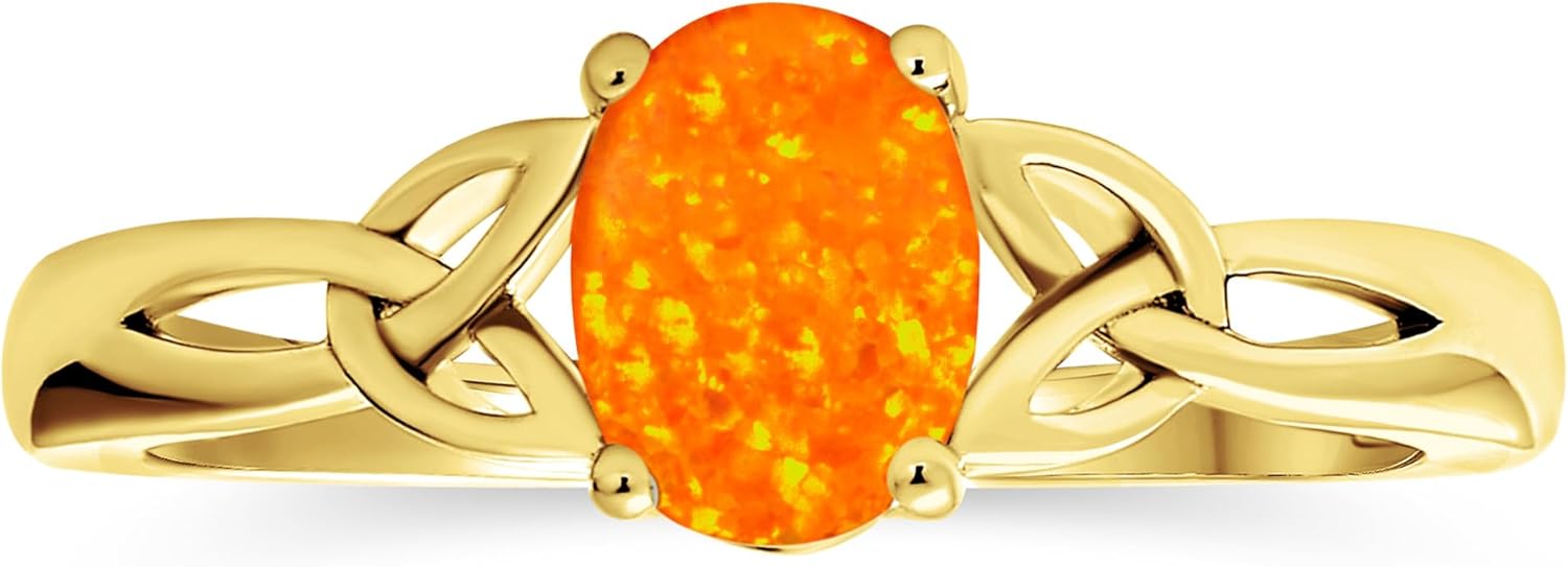 Personalize Sorority Sisters BFF Celtic Love Knot Oval Gemstone Orange Blue White Created Opal Promise Triquetra Claddagh Ring For Women Teens 14K Gold Yellow .925 Sterling Silver Customizable