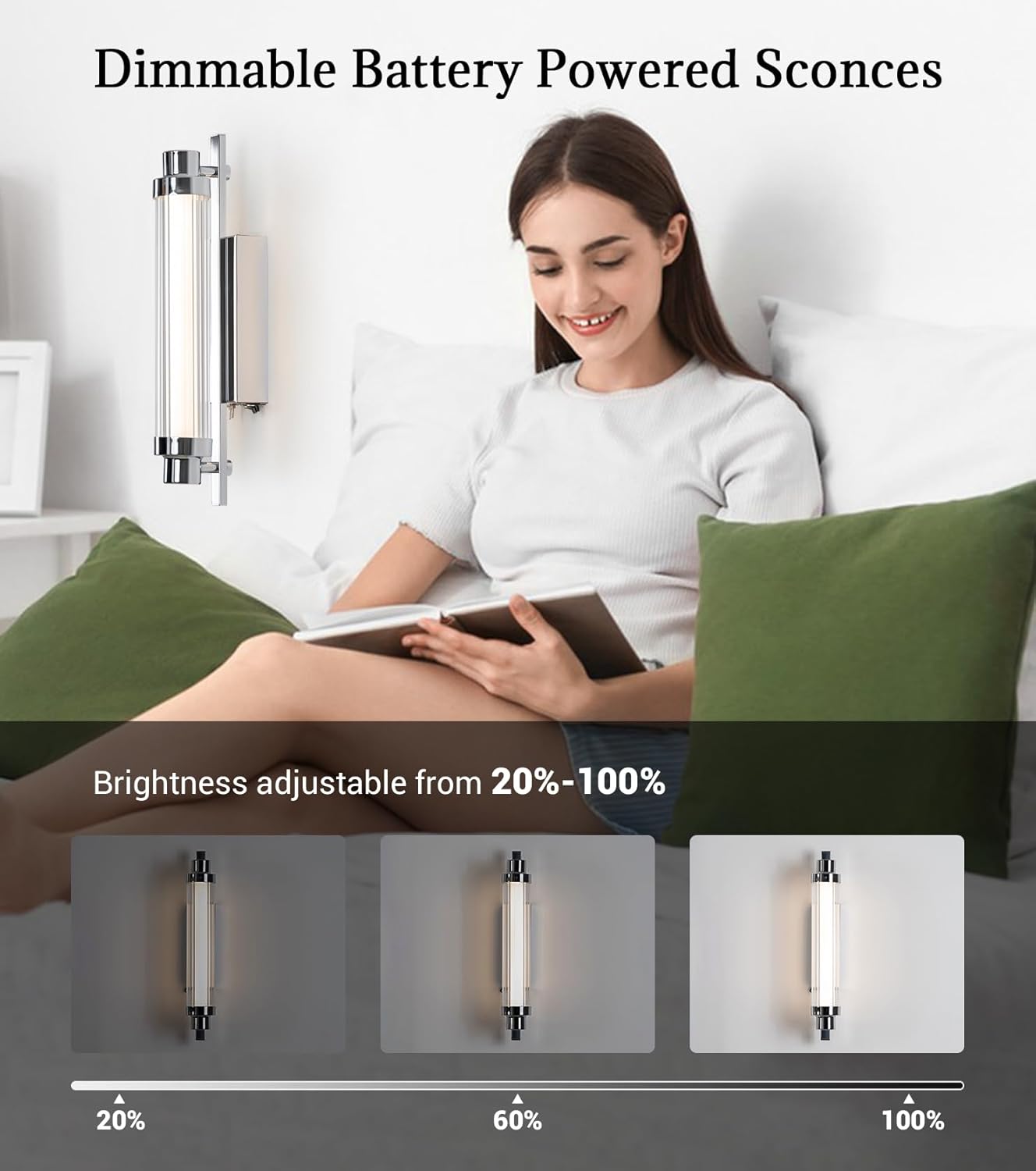 Battery Operated Wall Sconce Set of 2 12000mAh Rechargeable Battery Powered Wall Light with Remote Dimmable LED Wall Lamp for Living Room,Bedroom,Hallway Bathroom, Mirror，Sliver