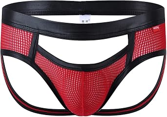 Mens Thong Jockstrap Underwear Sexy Hollow Out Low Raise Front Hole Mesh G-String Underpants Red