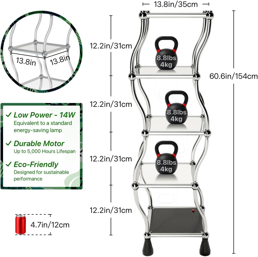 Diagram showing dimensions and components of the 5-tier display shelf