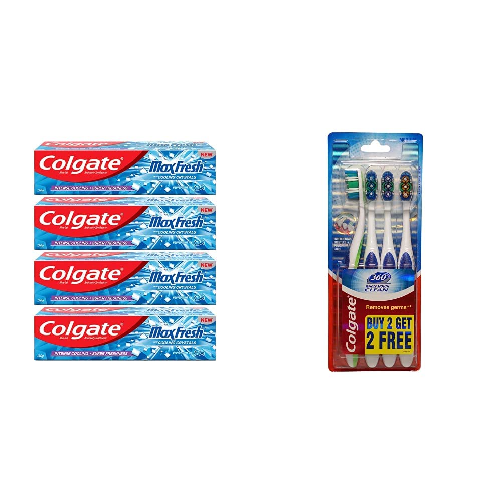 colgate maxfresh toothpaste, blue gel paste with menthol for super fresh breath, 600g, 150g x 4 (peppermint ice) & 360 whole mouth clean toothbrush 4 pcs (buy 2 get 2 free)