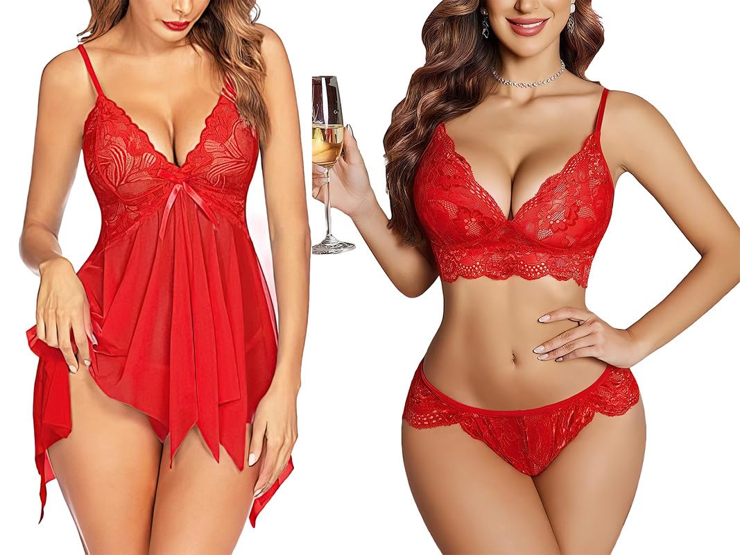Combo Offer! Women Babydoll Nightwear Lace Bra Panty Lingerie Set Pack of 2
