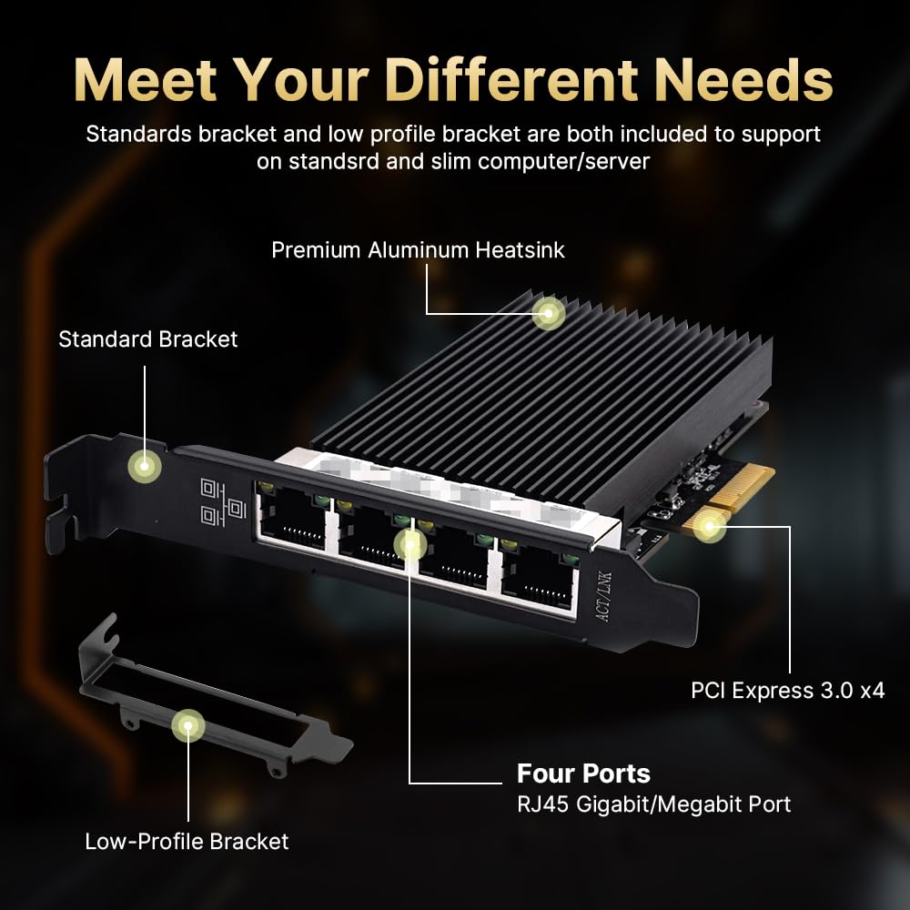 PCI-E Network Adapter 2.5G Gigabit Quad RJ45 Port NIC (Intel I226 Chipset) 2500Mbps Four Port Ethernet WiFi Card with Low Profile Bracket for Windows 11/10/8/7