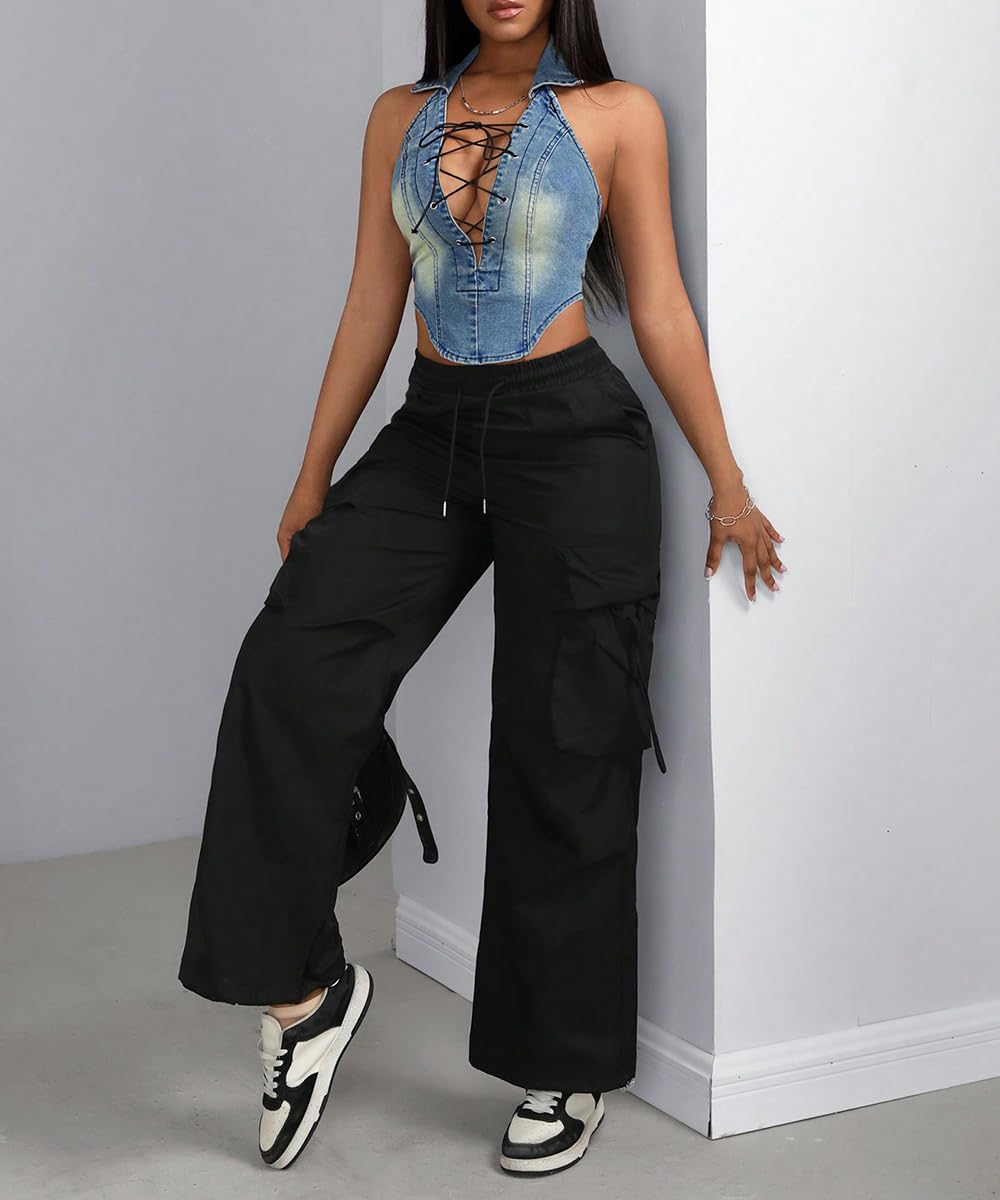 Sexy Denim tubo top sin mangas solapa hueco encaje hasta slim cropped denim corsé chaleco tops