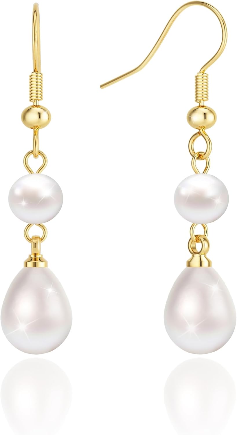 Moodear Dainty Pearl Dangle Earrings for Women - Trendy 14K Gold Plated Pearl Hypoallergenic Drop Earring Wedding Jewelry Gift