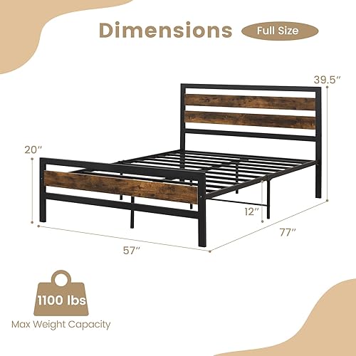 Miniatura 2 de Giantex Base de cama de metal matrimonial, plataforma industrial con cabecera y estribo de madera, base de colchón de metal resistente, fácil