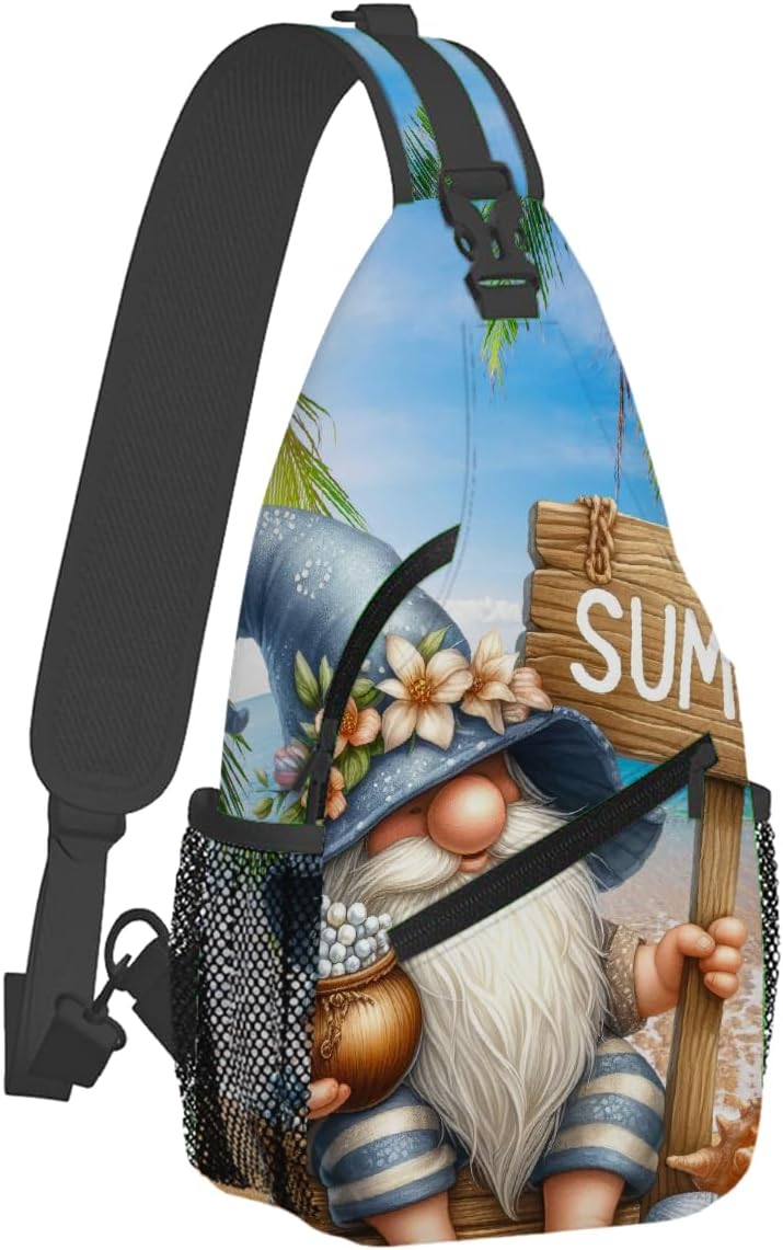 Small Beach Gnome Summer Sling Bag for Women Men Lightweight Chest Bag Crossbody Daypack Anti Theft Shoulder Backpack with Adjustable Shoulder Strap for Outdoors Sports Hiking Travel
