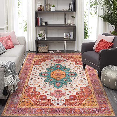 Moynesa Ultra-Thin Pink Area Rug - 8x10 Bedroom Living Room Rug Non-Slip Non-Shedding Nursery Mat, Indoor Oriental Medallion Floor Carpet for Dining Room Entryway Playroom