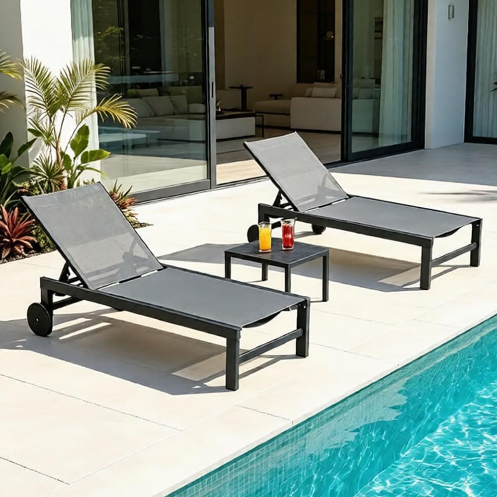 PURPLE LEAF 2 Transats Jardin Aluminium Gris avec Table d'Appoint et Roues