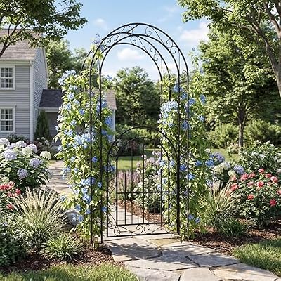 IDEALHOUSE 7ft Metal Garden Arch with Gate, Heavy Duty Iron Arbor Trellis for Climbing Plants Roses Vines, Outdoor Wedding Archway for Lawn Patio Backyard Decor, Black