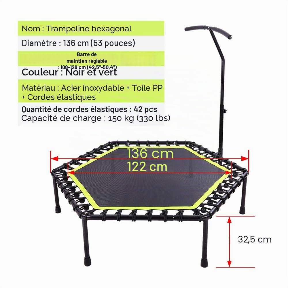 ONETWOFIT Mini Trampoline de Fitness Silencieux de 114,3 cm/121,9 cm/129,5 cm avec poignée réglable pour Fitness Trampoline de Fitness rebondisseur Saut Cardio entraînement pour Adultes ou Enfants