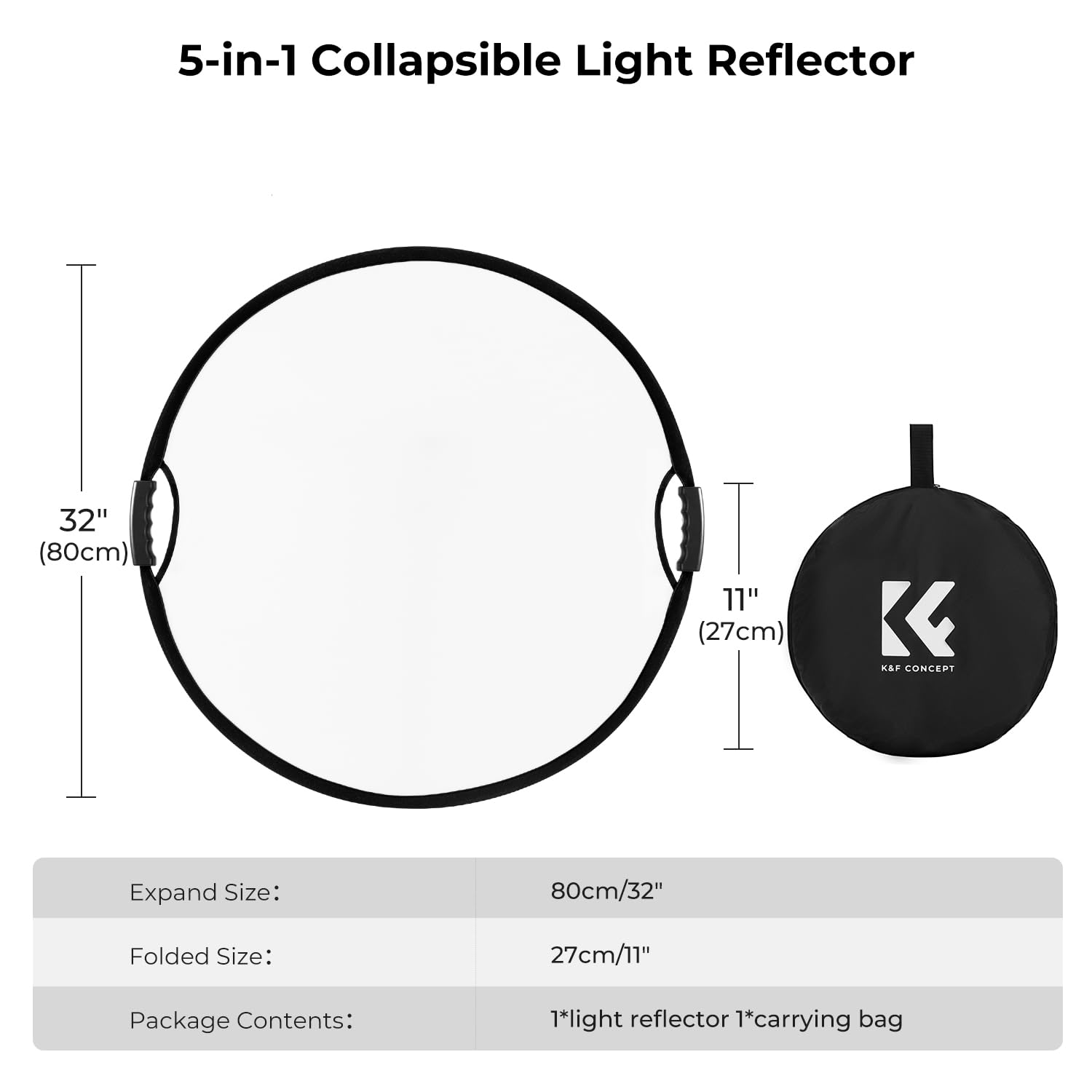 K&F CONCEPT Reflektor świetlny 32" (80 cm) z uchwytami, dyfuzor fotograficzny 5 w 1, składany, przenośny, do oświetlenia studyjnego i zewnętrznego, złoty, srebrny, biały, czarny, półprzezroczysty