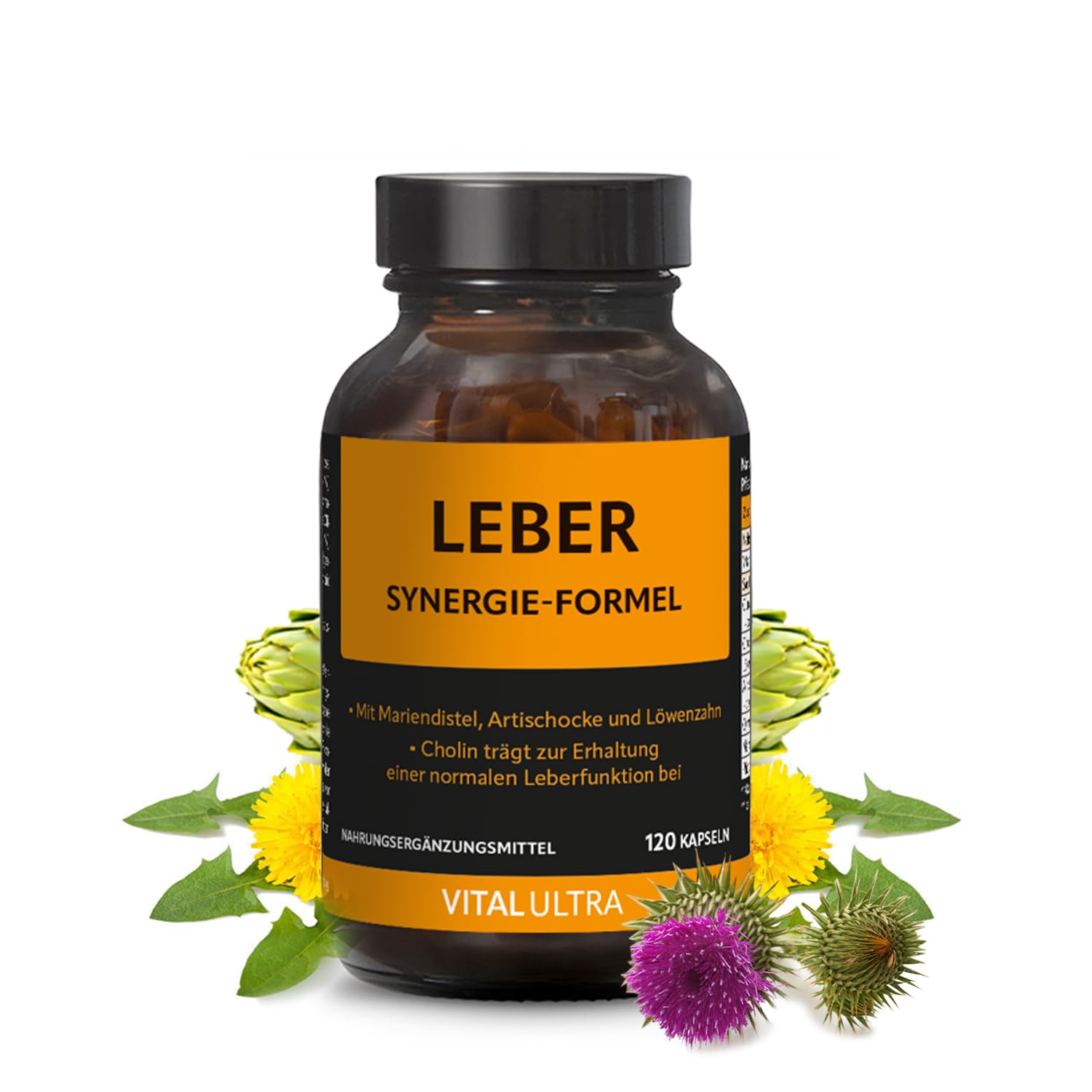 Vital Ultra Leber Synergie-Formel – mit Cholin zur Unterstützung von Leberfunktion und Fettstoffwechsel* sowie Vitamin B6, Mariendistel, Curcumin und wertvollen Pflanzenstoffen – 120 vegane Kapseln