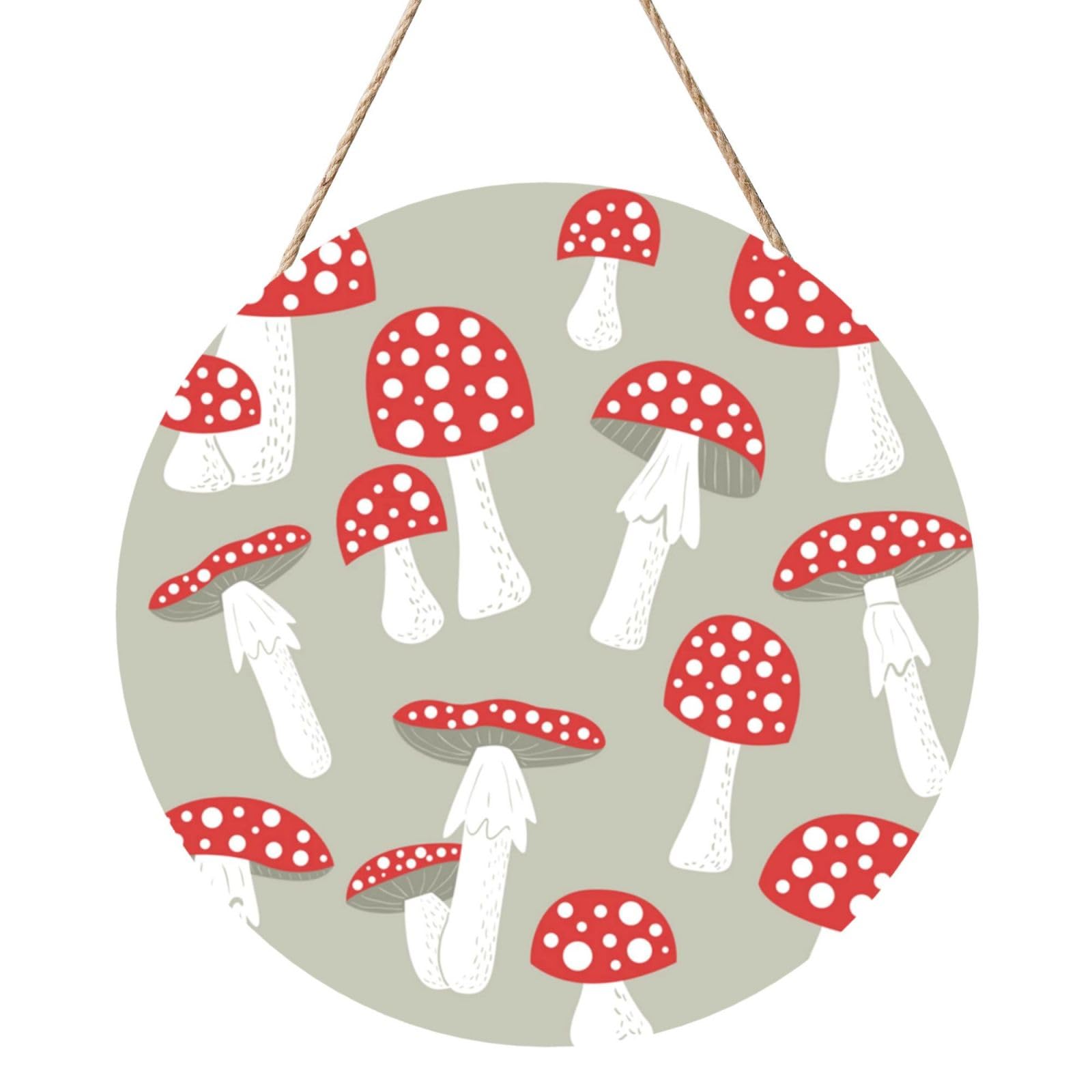 InOmak Cute Cartoon Mushrooms Red, Round Wood Panel Painting 12 in, Wall Hanging Painting For Home