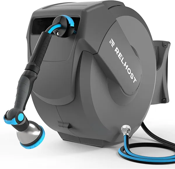 Relhost Retractable Garden Hose Reel 100 ft x 1/2 in, Heavy Duty Hose Reel Wall Mount with Any Length Lock, Auto Rewind System, 180° Swivel Bracket, 10-Pattern Garden Hose Nozzle, Dark Grey