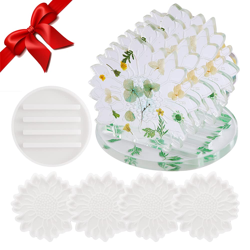 OEMOO 4Pcs Coaster Molds for Resin Casting, Sunflower Shape Tray Resin Molds Silicone Set Contain Coaster Holder Mold, Epoxy Resin Molds Set for DIY Cups Mats, Home Decoration