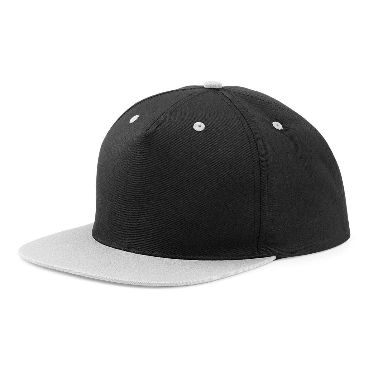MKR Snapback Flat Peak Cap Baseball Hat 5 Panel 100% Cotton - Black/Grey