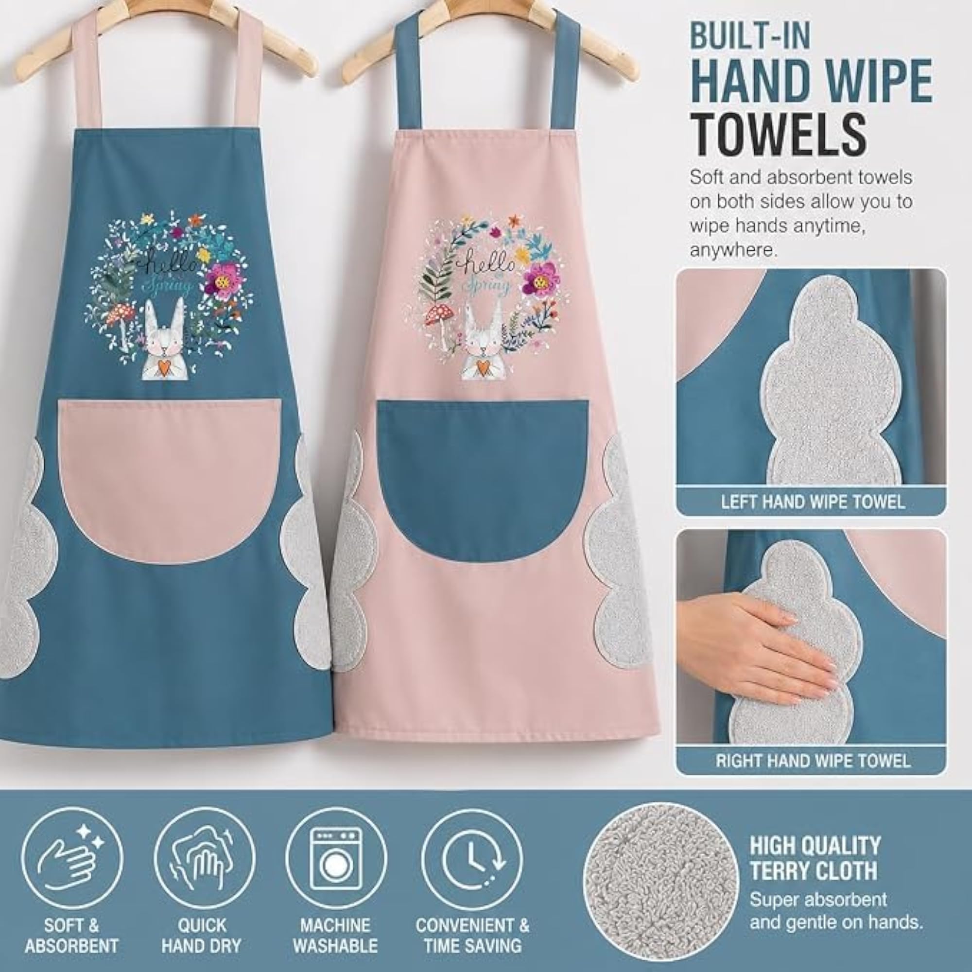 Waterproof Kitchen Apron with Hand Wipe Towels and Large Pocket