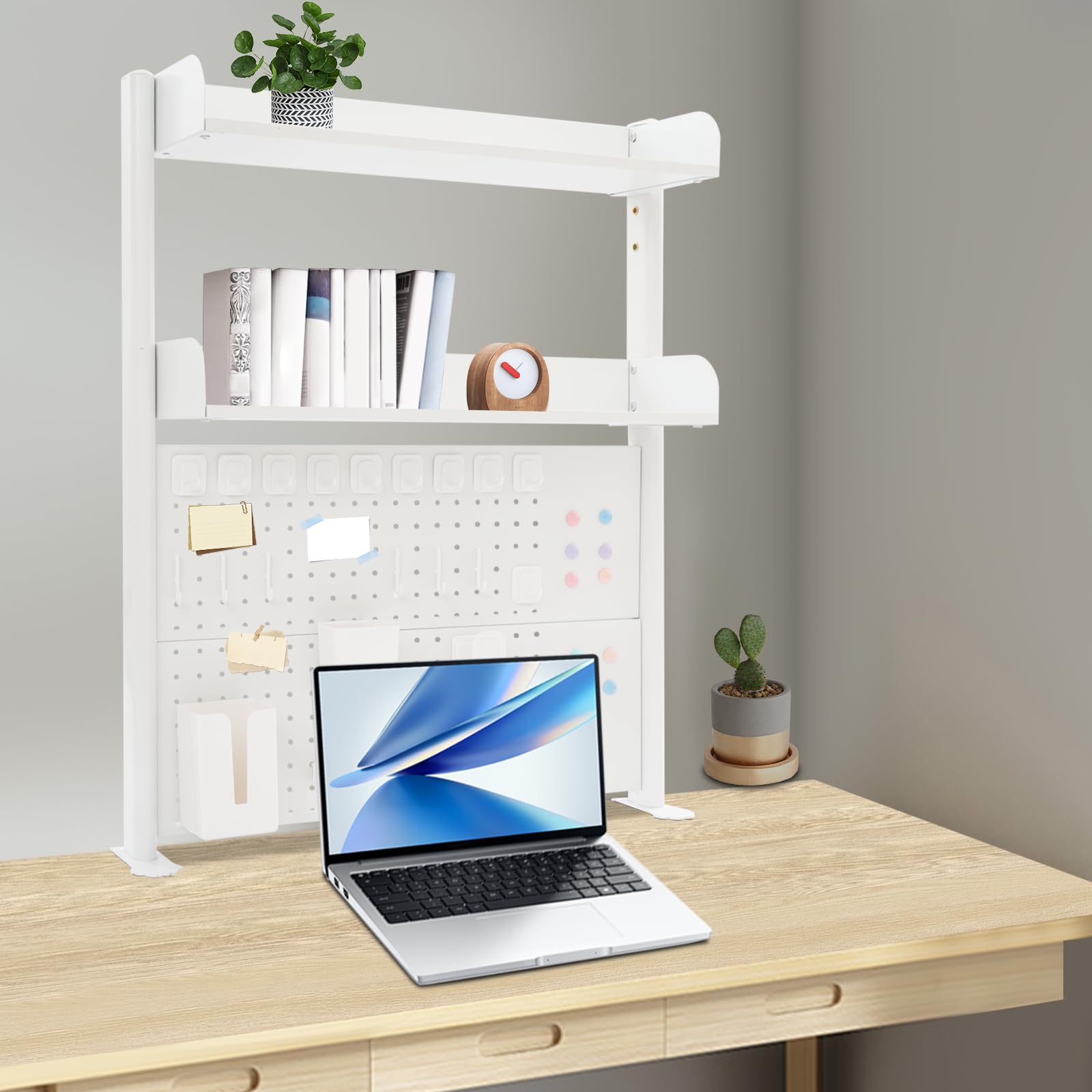 Klemmbare Schreibtisch Aufsatzregal, 2-Stufig Metall Schreibtisch Bücherregal, Arbeitstisch Zubehör Organizer für Arbeitszimmer, Schlafzimmer, Büro, 82x12,5x95 cm, Weiß