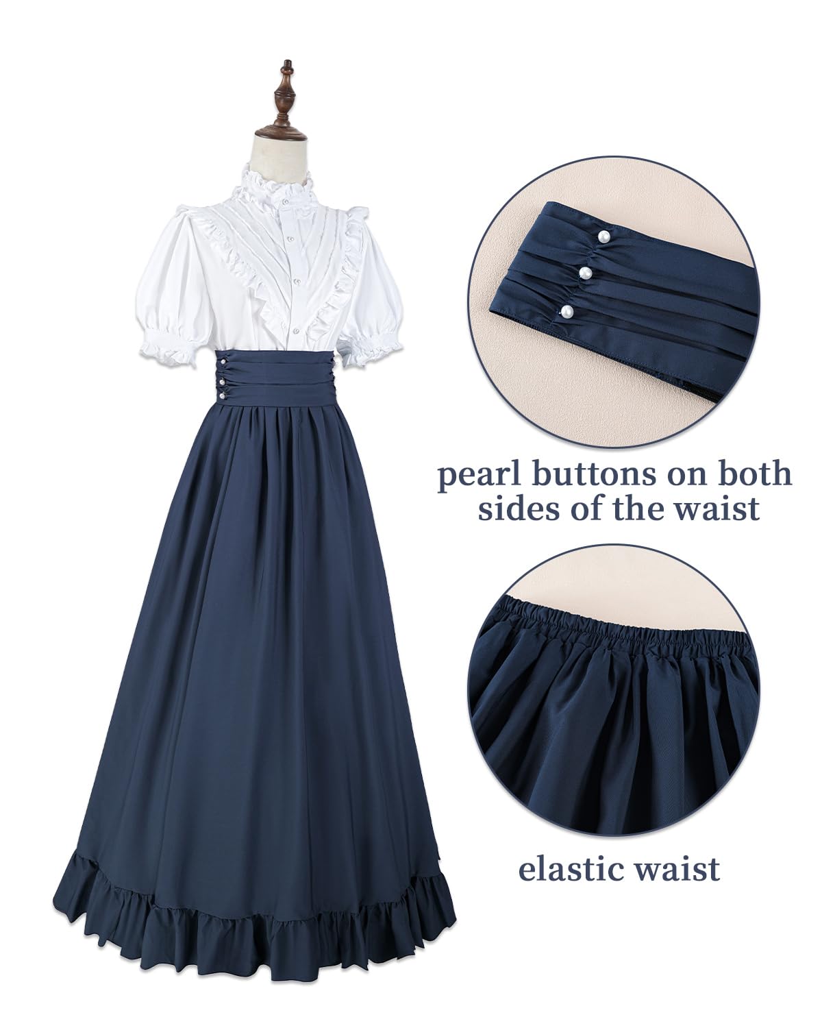 CR ROLECOS Women Victorian Dress Medieval Vintage Costume Ball Gown Dress Short Sleeves Victorian Blouse Renaissance Falda 2-Pieces Set S Navy Blue - Image 3