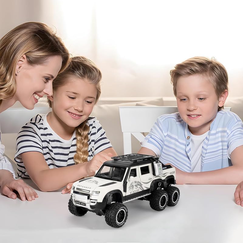 Image of Kids Model 1:24 6 Wheel Defender Die Cast Metal Car Pull Back Action Opening Doors with Realistic Engine Sound Lights Toy Car Gift for Boys - White
