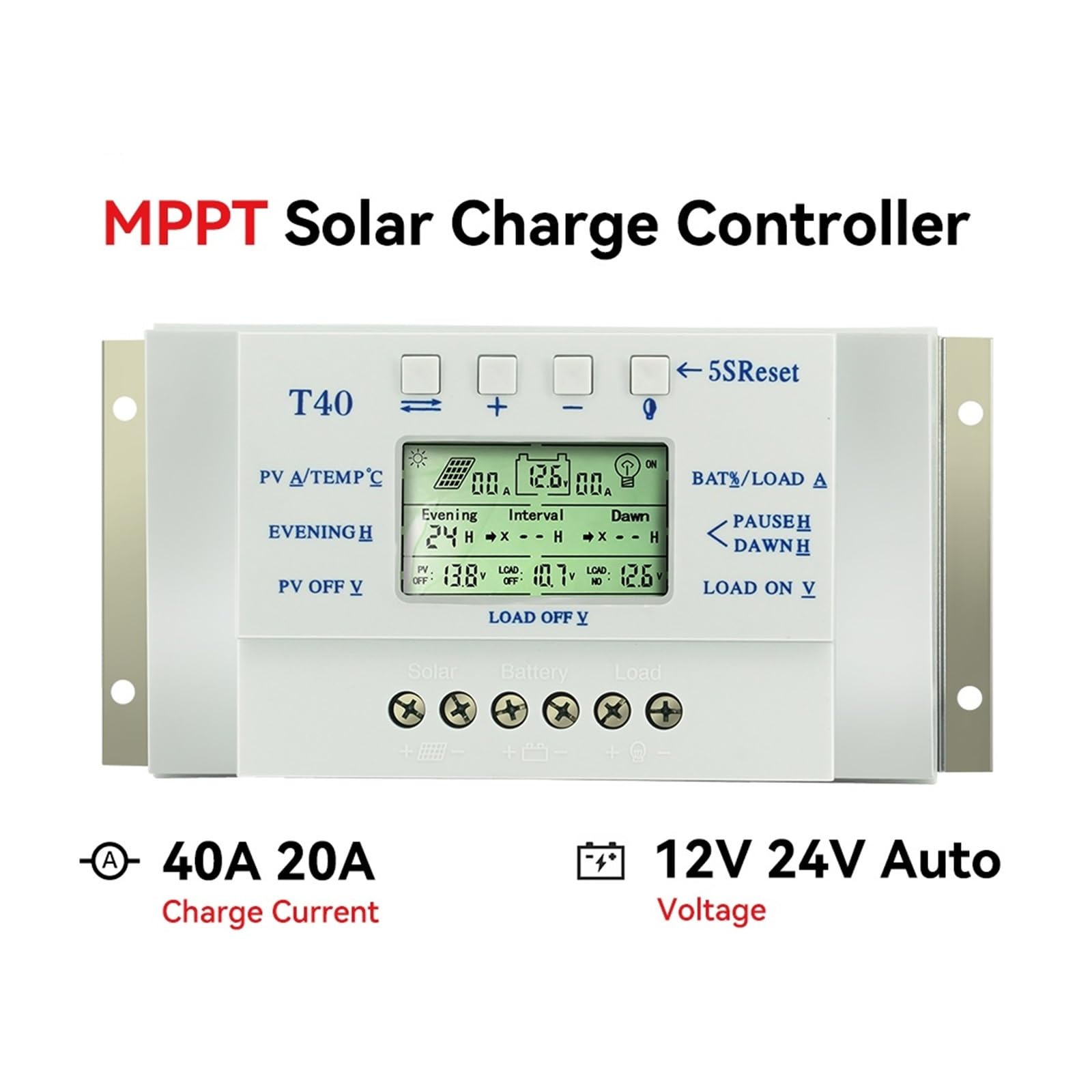 MPPT 40A 20A Regolatore Di Carica Solare 12V 24V Display LCD Automatico Fotovoltaico Controllo Doppio Timer For Illuminazione(40A)