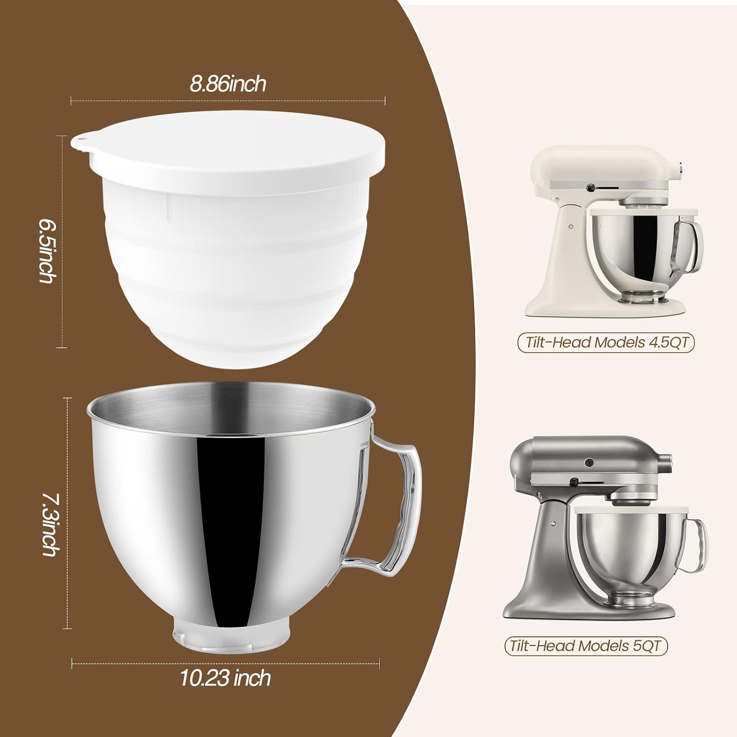 Stainless Steel Bowl and Foldable Silicone Liners for KitchenAid Classic&Artisan Series 4.5-5 QT Tilt-Head Mixer, 5 Quart 304 Stainless Steel Bowl with Handle, Dishwasher Safe