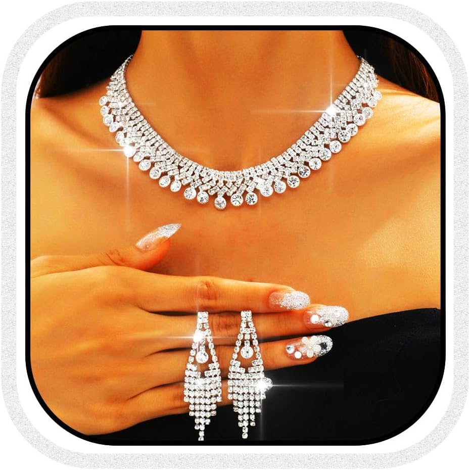 Aukmla Silver Rhinestone Bridal Jewelry Set Sparkly Crystal Bride Wedding Necklace Earrings Sets Prom Jewelry for Women