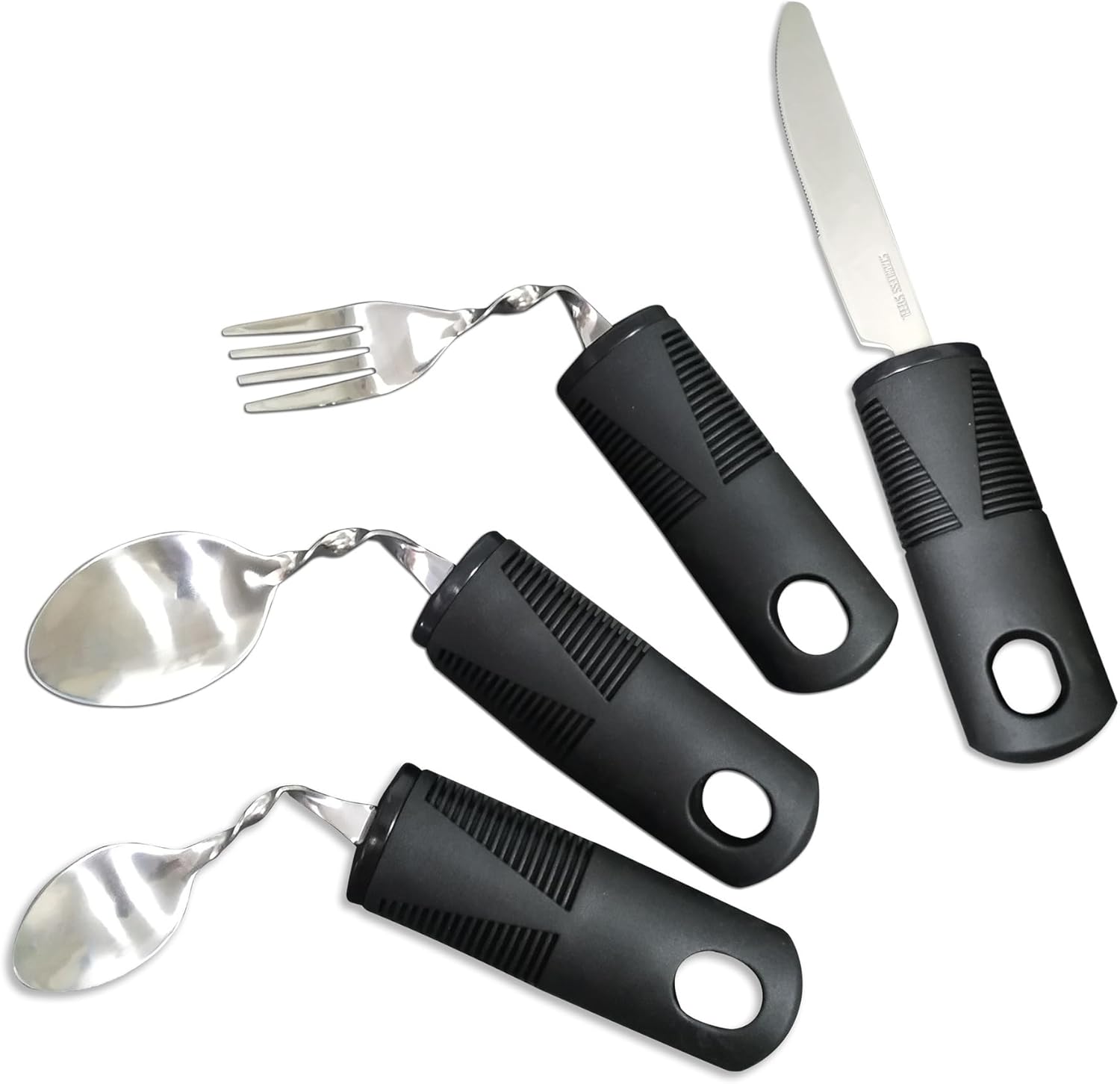 Special Supplies Adaptive Utensils (4-Piece Kitchen Set) Weighted, Non-Slip Handles for Hand Tremors, Arthritis, Parkinson’s Elderly use – Stainless Steel Knife, Fork, Spoons (black)