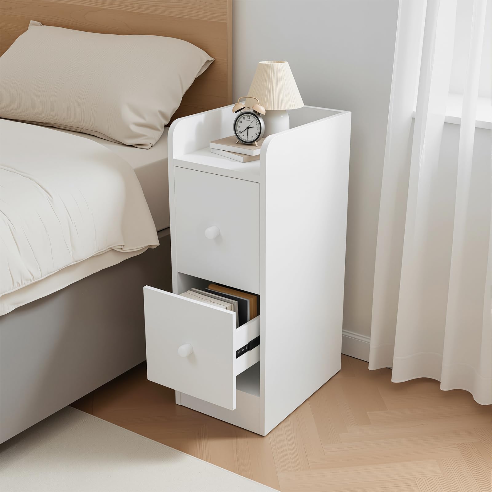 Comodino stretto Comodini piccolo Comodino con 2 cassetti per camera da letto, soggiorno Bianco