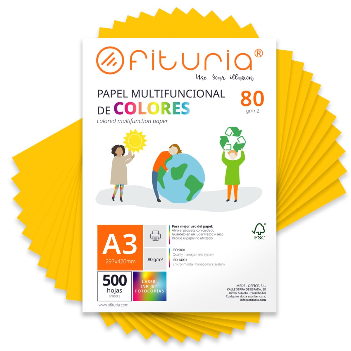 Coloured Sheets, Pack 500 Sheets A3 80 g โ Coloured Paper for Crafts, Printer, Scrapbooking โ Folios Colours โ Ideal Origami, Papiroflexia, Office and School (Gold, 500h)